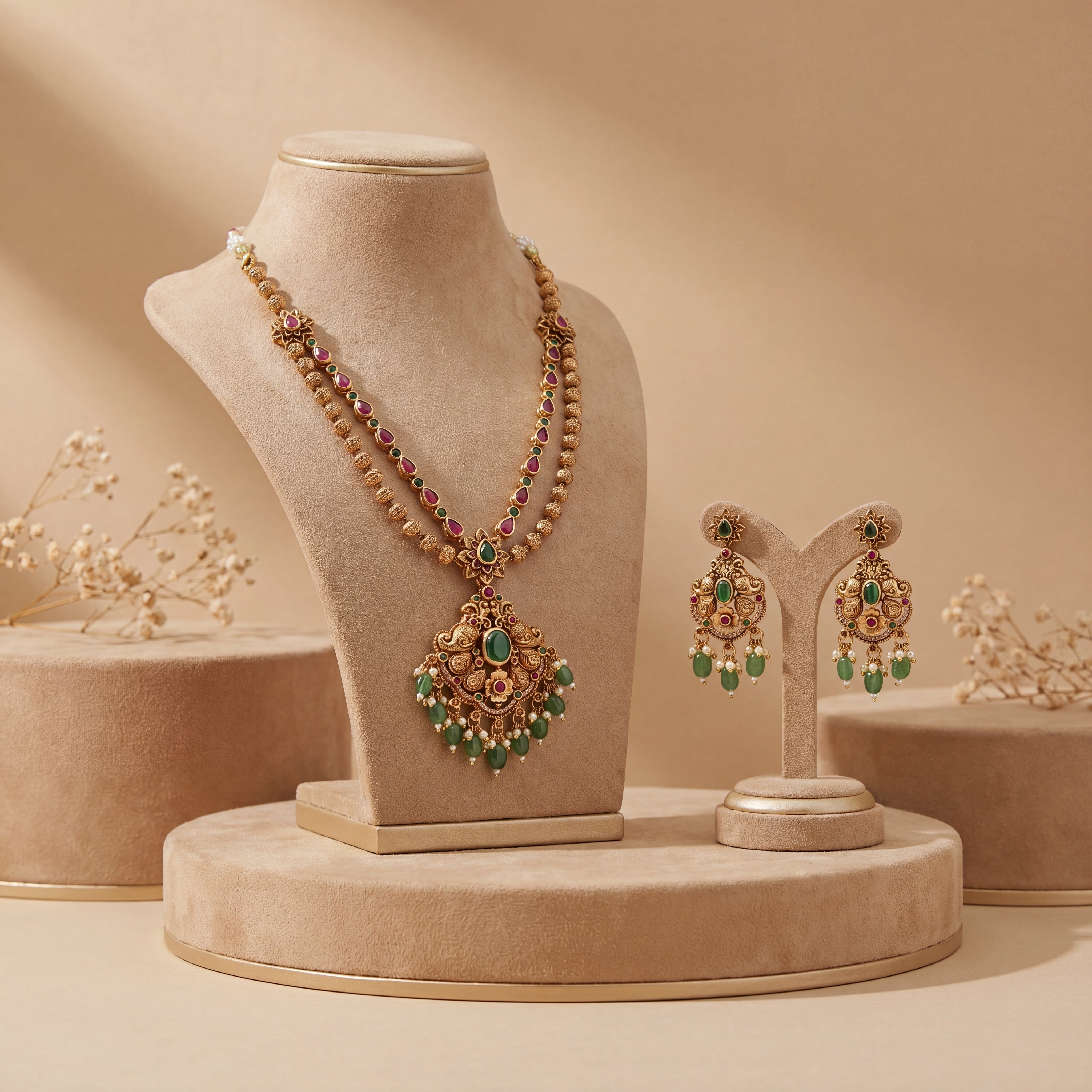 Antique Double Layer Mango Motif Necklace Set close-up view - Avalna